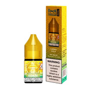 A 10ml bottle of R&M Nic Salt E Liquid in Cherry Cola flavor, with a yellow label and packaging that includes warning and branding information.